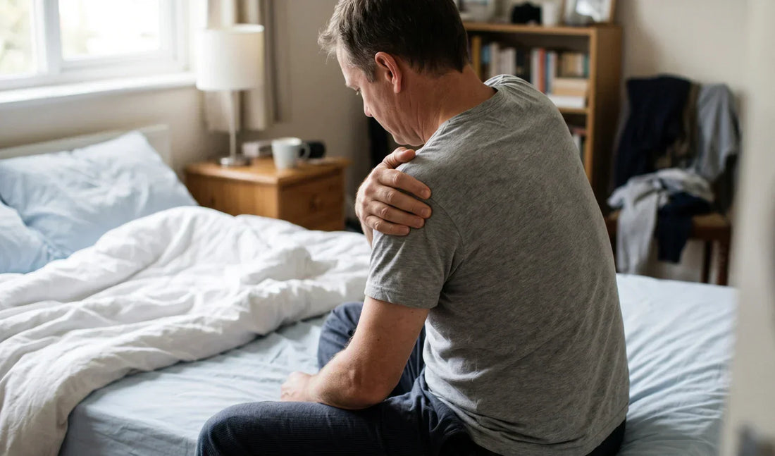 Man waking up with shoulder pain from side sleeping