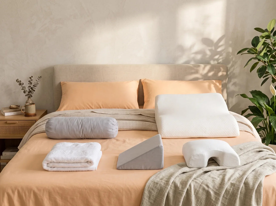 Different torso support options for side sleepers laid out on a bed, from a bolster and folded towel to a contoured torso pillow
