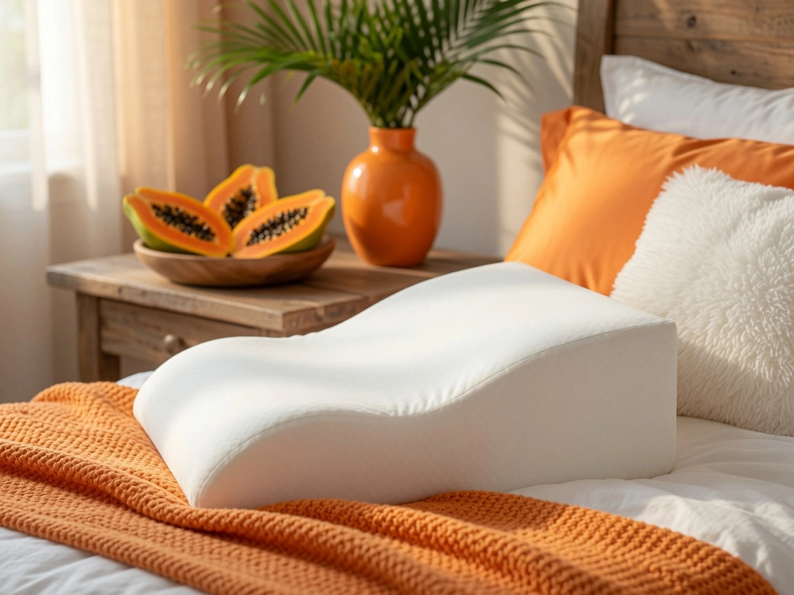 Papaya Pillow on a bed